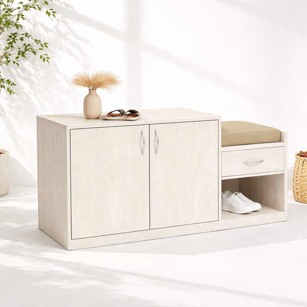 Wooden Shoe Cabinet with Cushion Seat – Natural Counter Wood