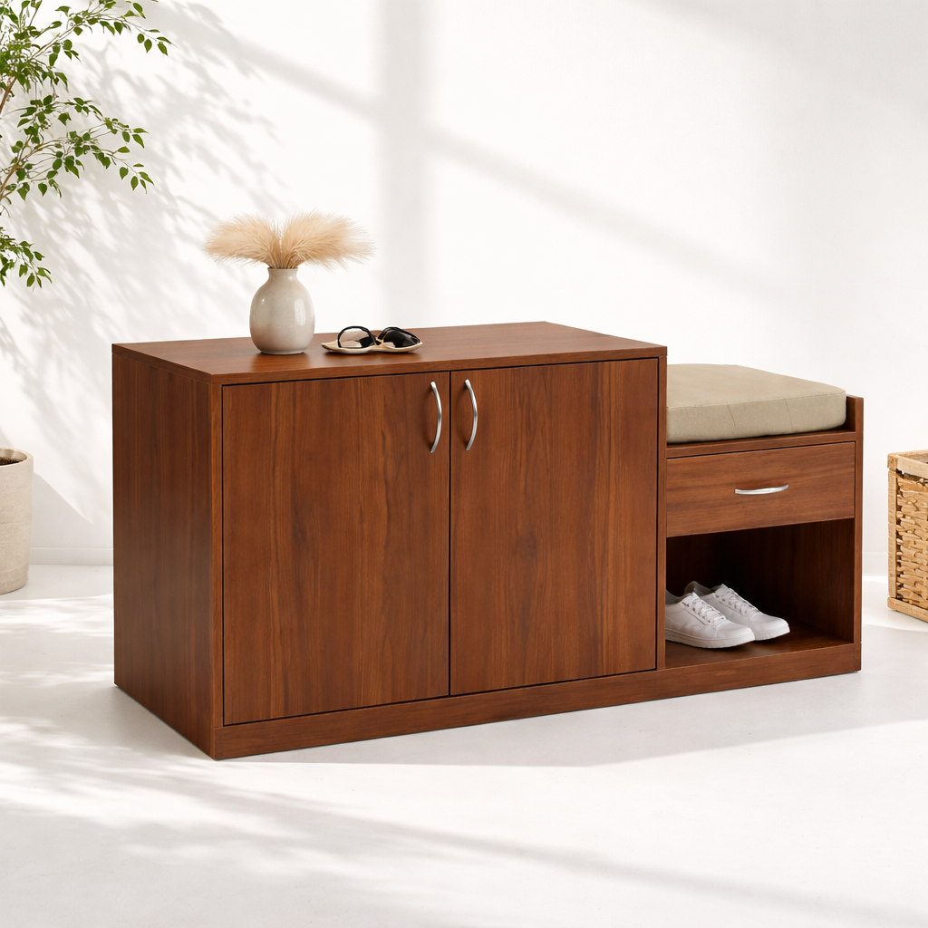 Wooden Shoe Cabinet with Cushion Seat – Natural Counter Wood