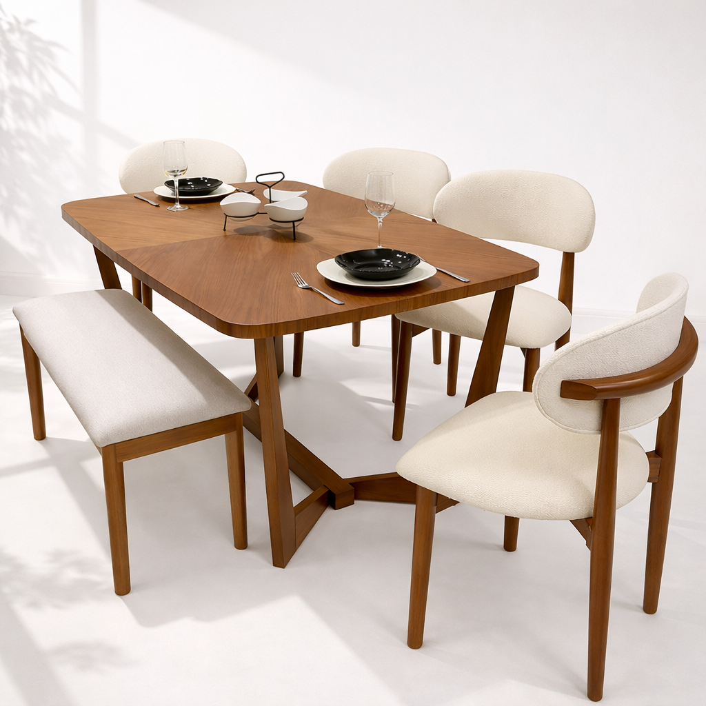 Modern Dining Table Set – Walnut Veneer & Solid Beech Base