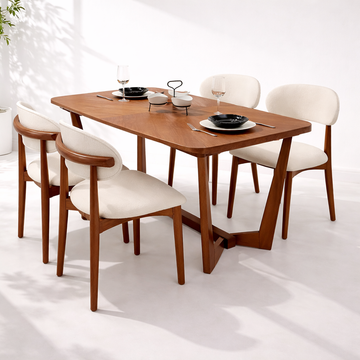 Modern Dining Table Set – Walnut Veneer & Solid Beech Base