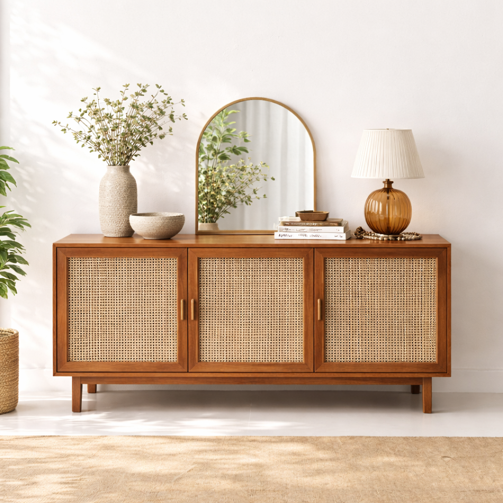 Modern Wooden Sideboard with Rattan Doors (180 × 45 × 80 cm)