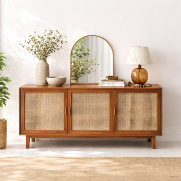 Modern Wooden Sideboard with Rattan Doors (180 × 45 × 80 cm)