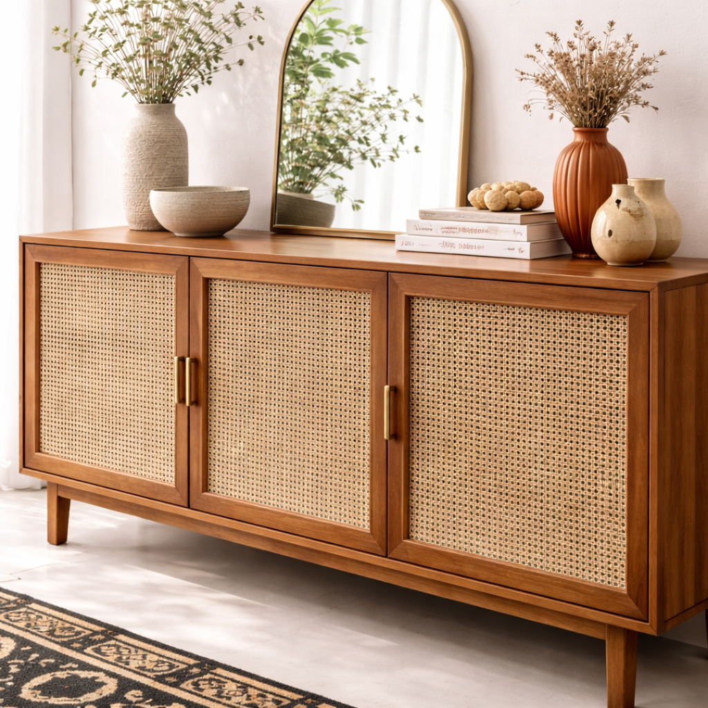 Modern Wooden Sideboard with Rattan Doors (180 × 45 × 80 cm)