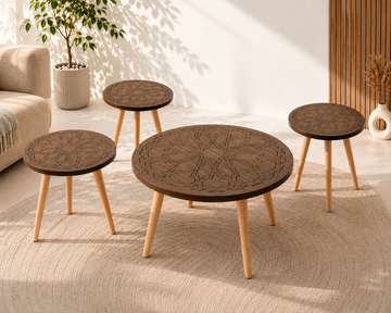 4-Piece CNC Coffee Table Set – Center Table & Side Tables with Solid Beech Wood Legs