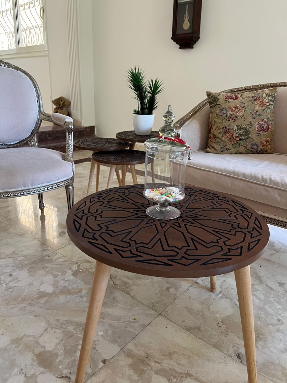 4-Piece CNC Coffee Table Set – Center Table & Side Tables with Solid Beech Wood Legs