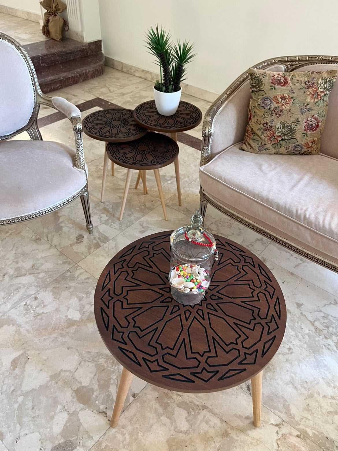4-Piece CNC Coffee Table Set – Center Table & Side Tables with Solid Beech Wood Legs